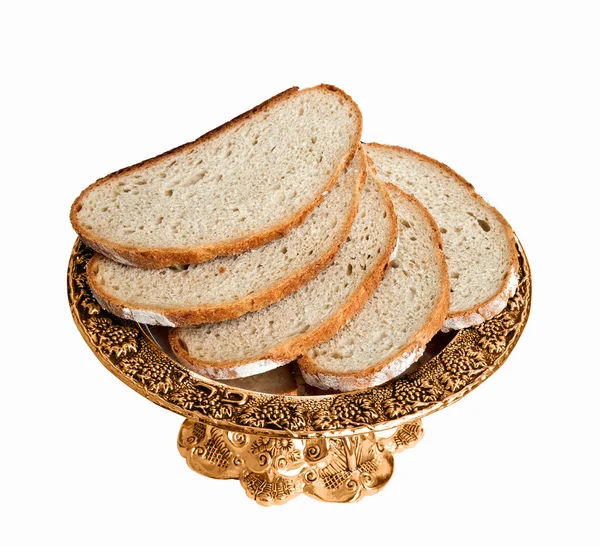 Beyaz arka plan üzerinde izole ekmek ile çanak. — Stok fotoğraf