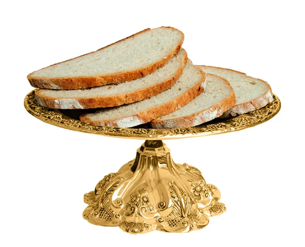 Beyaz arka plan üzerinde izole ekmek ile çanak. — Stok fotoğraf