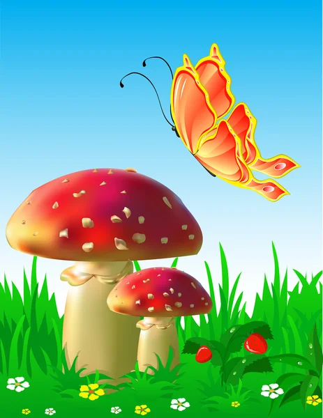 Paisagem de verão com cogumelos e uma borboleta — Fotografia de Stock