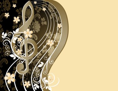 Beige musical background with a treble clef and a flower pattern clipart