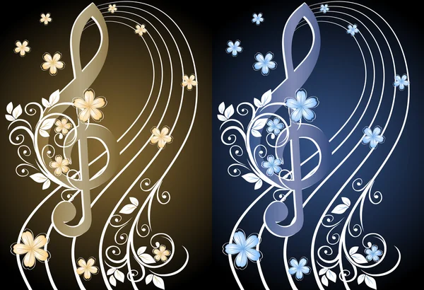 高音部記号と花パターンとベージュ色の音楽的な背景 — ストックベクタ