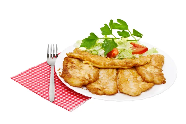 Filetti di pesce fritto con uova e insalata . — Foto Stock