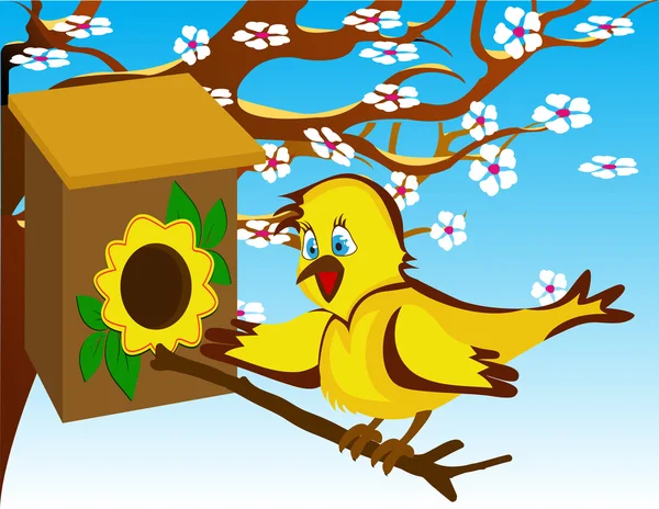 Vogel im Vogelhaus bei einem blühenden Baum — Stockvektor