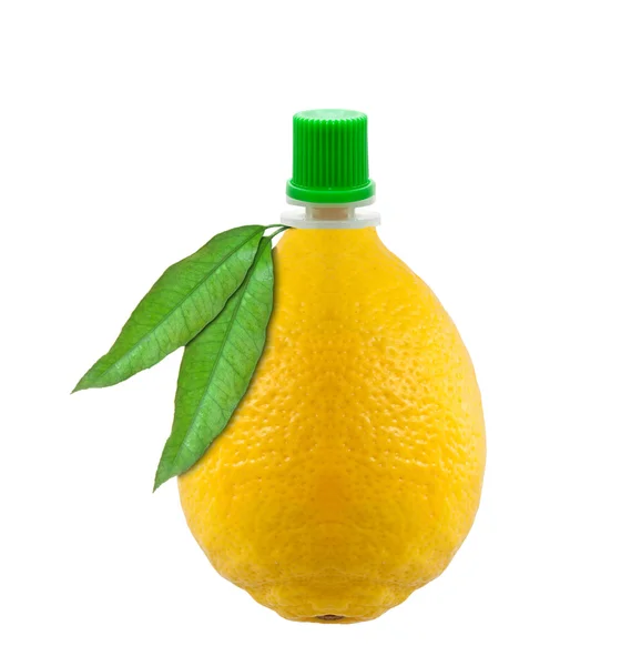 Bottle of lemon juice in a lemon-shaped — Stock Photo, Image