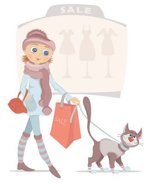 Winkelen vrouw met zak en lachende kat op verkoop — Stockvector