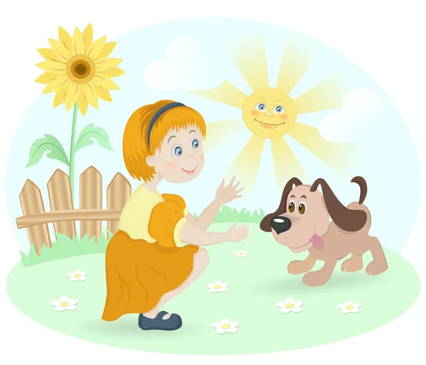 快乐的狗和向日葵的小女孩 — 图库矢量图片
