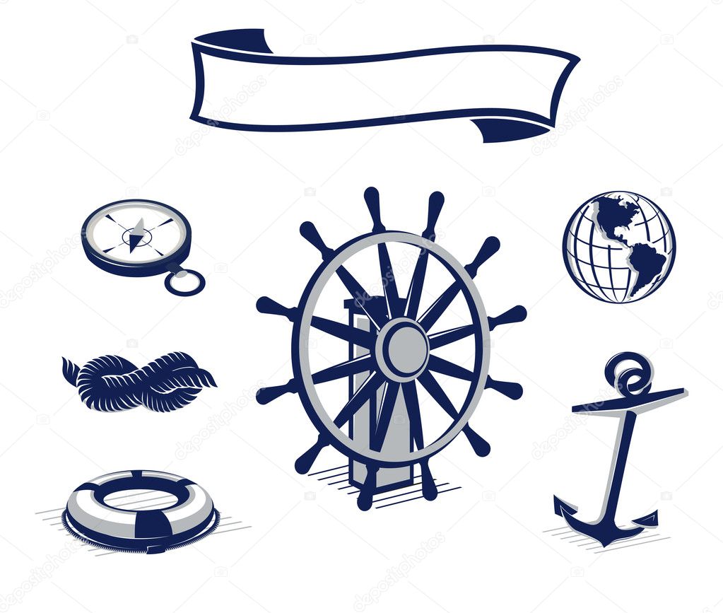 Nautical icon and sailing emblem set in blue