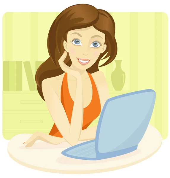Menina com laptop azul — Vetor de Stock