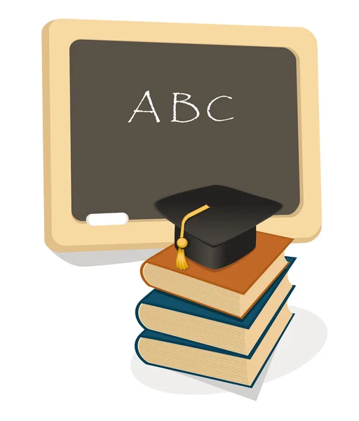Emblema de educação com livros e argamassa de graduação — Vetor de Stock