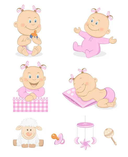 Baby girl with toys and accessories — Stock Vector