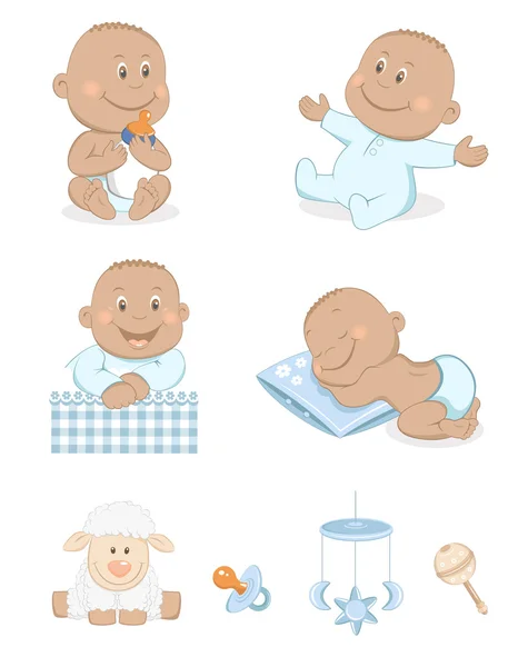 Black baby boy with toys and accessories — Stock Vector