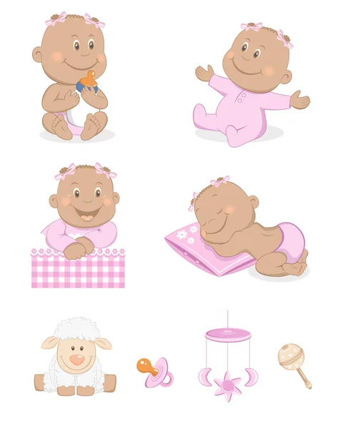 Black baby girl with toys and accessories — Stock Vector