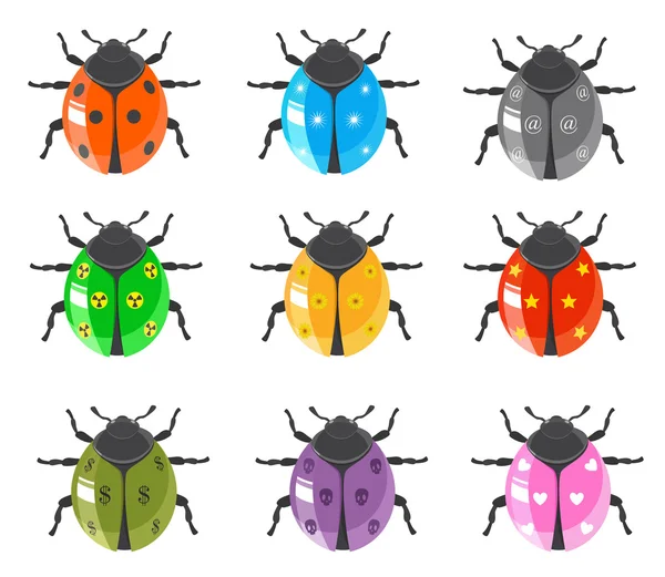 Mariquita insecto y brillante conjunto de iconos de insectos — Vector de stock