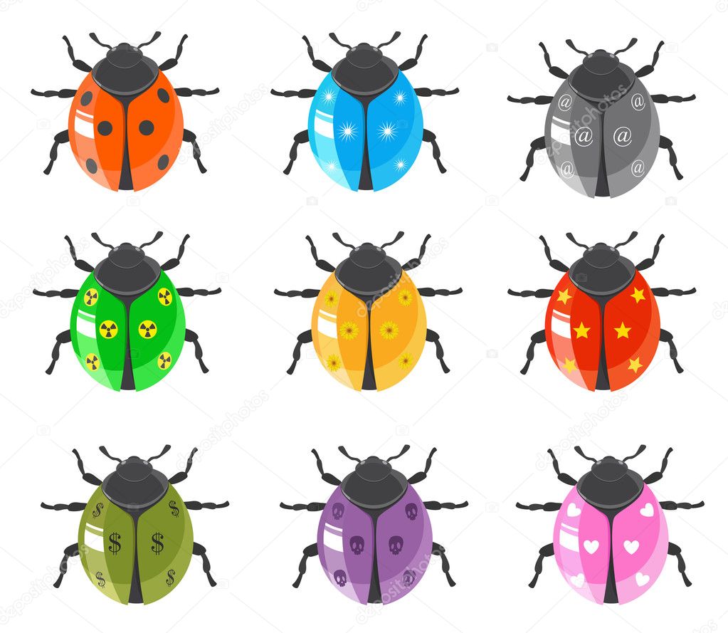 Ladybird insect and glossy bugs icon set