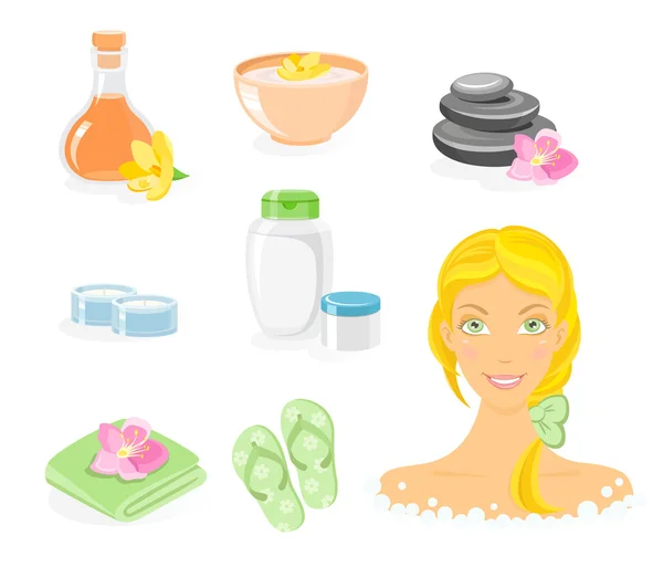 Icono del SPA y el cuidado del cuerpo conjunto de productos cosméticos con hermosa mujer rubia — Vector de stock