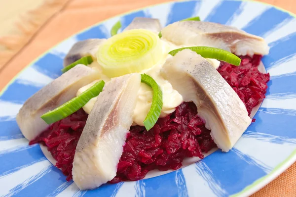 甜菜根植传统鲱鱼沙拉 — 图库照片