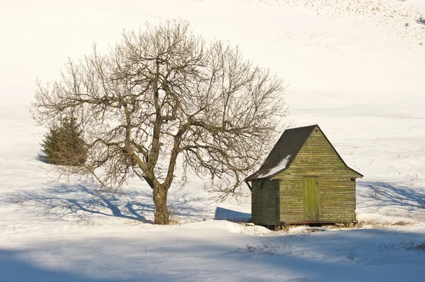 Green cottage on during the winter — Stock Photo, Image