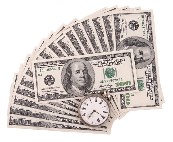 Clock over heap of money — Stock Photo, Image