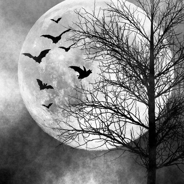 Halloween background. Bats flying in the night with a full moon in the background