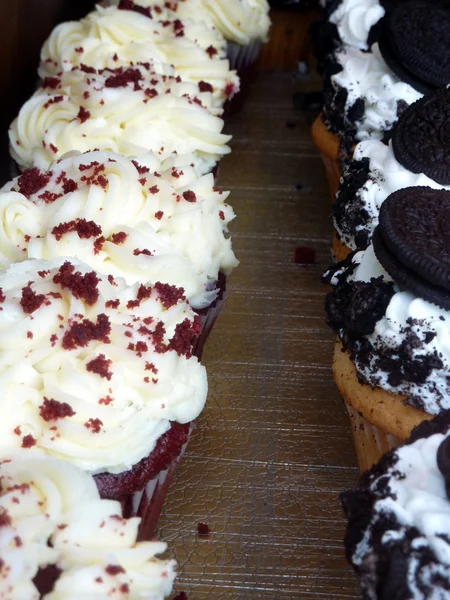 Cupcakes arreglo de magdalenas de crema de colores en una pastelería — Foto de Stock