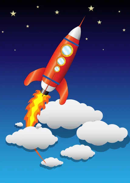 Vektorové létající kosmickou loď do mraků a hvězd — Stockový vektor