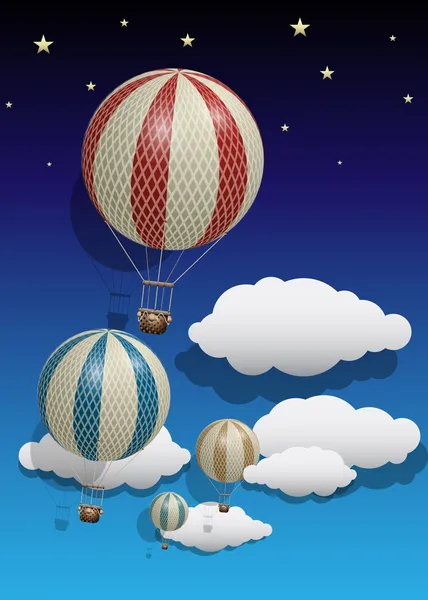 Balões de ar quente vintage Vetor com nuvens e estrelas — Vetor de Stock