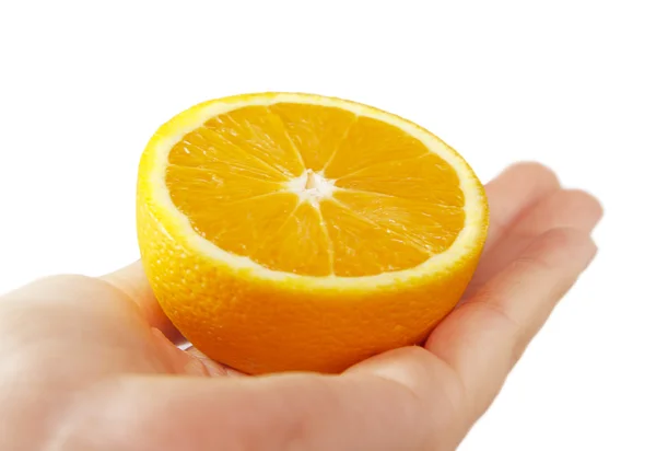 stock image Half of an orange on hands