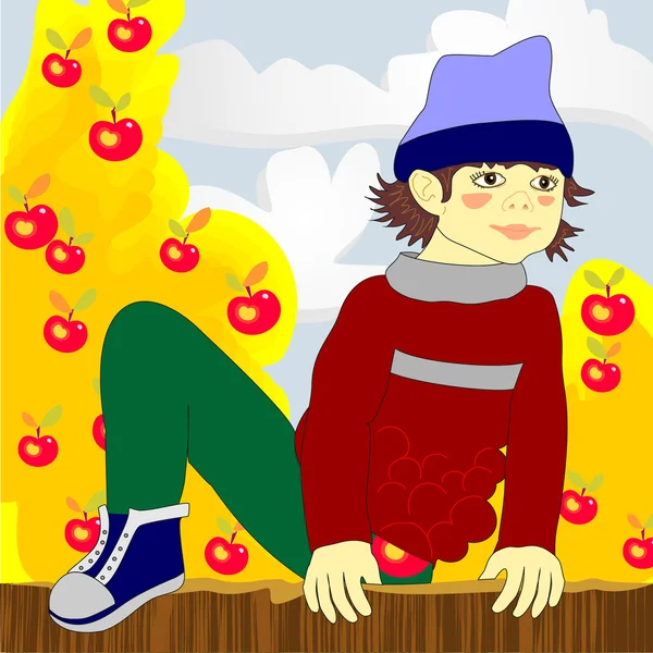 De jongen klimt over het hek met gestolen appels — Stockvector