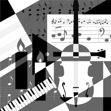 A collage of geometric shapes and musical instruments. clipart