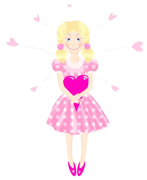 ピンクのドレスで素敵な女の子の心を保つ — ストックベクタ