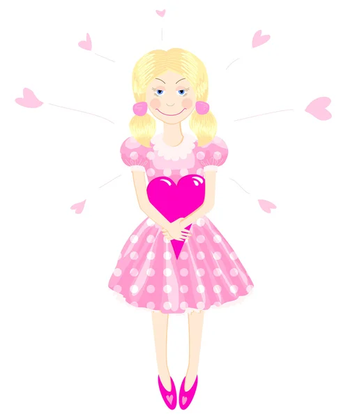 stock vector Nice girl in a pink dress keeps heart