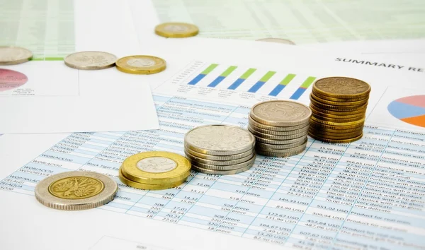 Coins stack on colorful business background — Stock Photo, Image