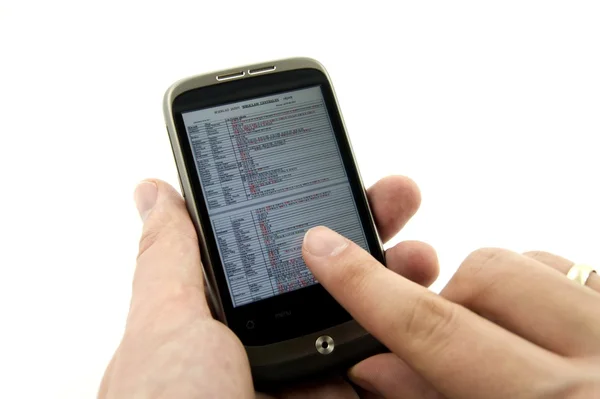 Hand som håller smartphone. finger touch-skärm — Stockfoto
