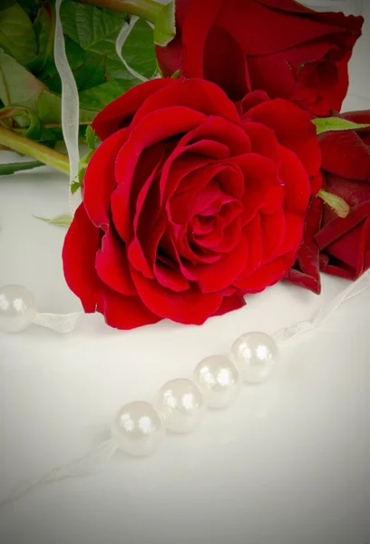 Rosa e pérolas. Composição de beleza tradicional isolada em branco — Fotografia de Stock