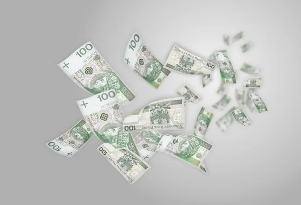 Dinheiros voadores 100 notas PLN. Dinheiro caindo no branco — Fotografia de Stock