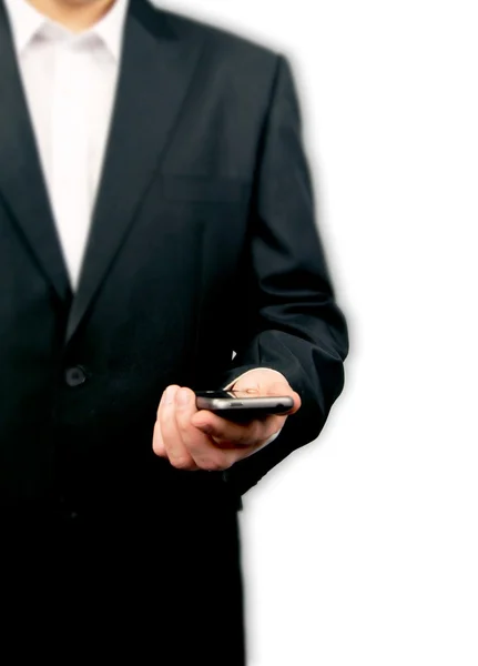 Man holding smartphone isolated on white — Stock Photo, Image