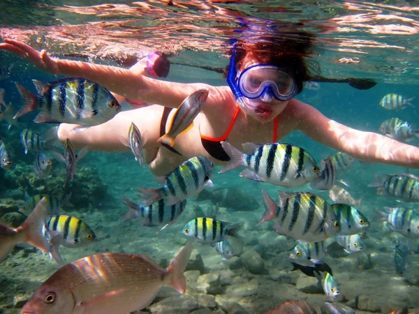 Girl and tropical fish — Stock Photo, Image