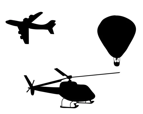 Helicóptero de avião e silhueta de balão — Vetor de Stock