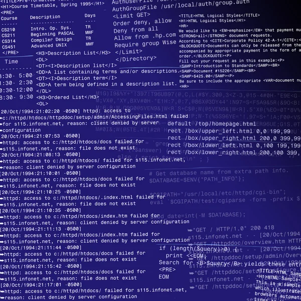 Código HTML abstracto en una parte posterior azul oscuro —  Fotos de Stock