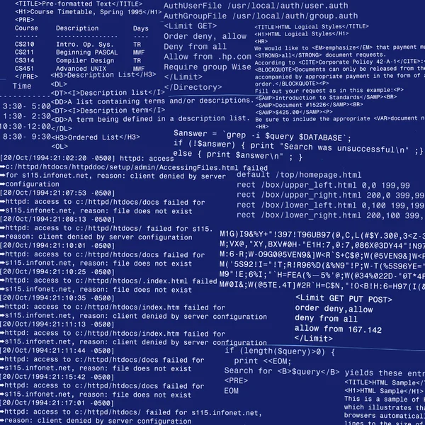 Diseño abstracto del código html sobre un fondo azul oscuro — Foto de Stock
