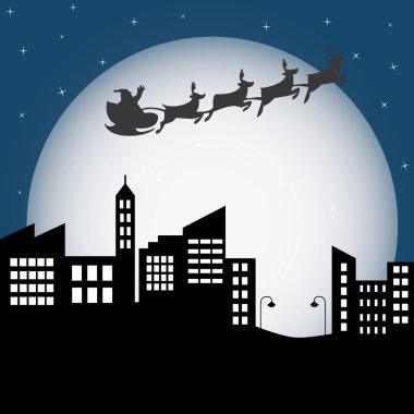 Santa Claus in a sleigh over the city clipart