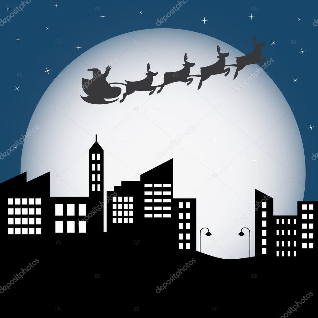Santa Claus in a sleigh over the city
