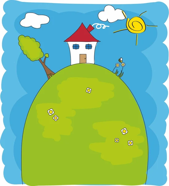Dibujo infantil de una casa en la cima de una montaña — Vector de stock