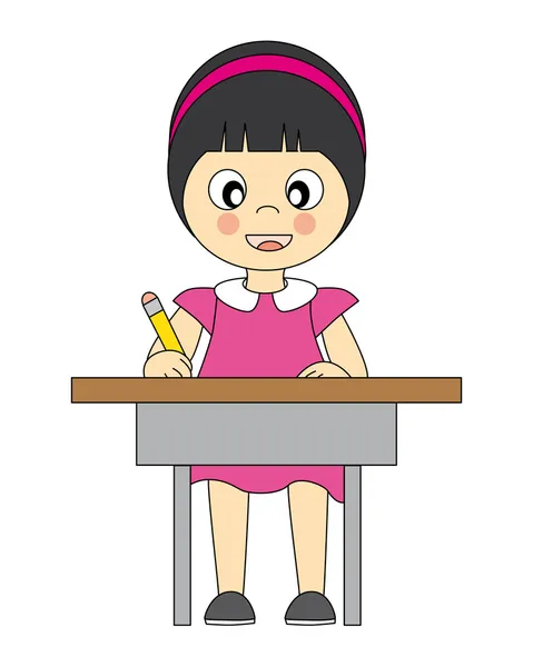 Mädchen in der Schule. Schreiben in der Tabelle — Stockvektor