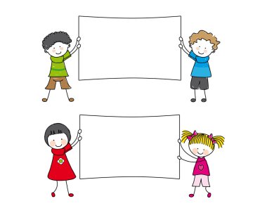 Happy kids standing by white blanks clipart