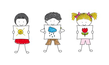 Illustration of Kids Posing with drawings clipart