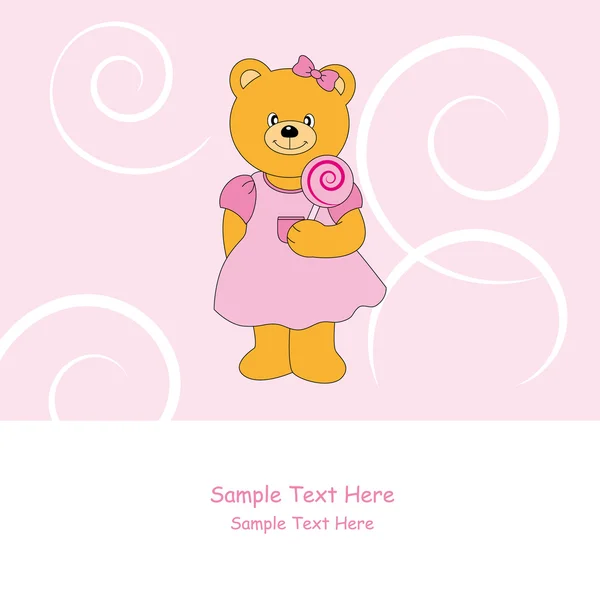 Gratulationskort. rosa kort med en Björn med lollipop — Stock vektor