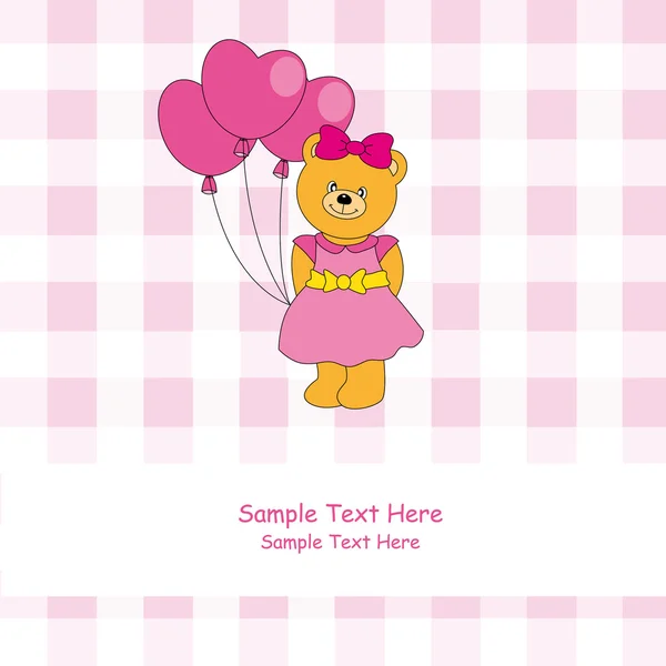 Tarjeta de felicitación. Tarjeta rosa con un oso con tres globos en forma de corazón — Vector de stock