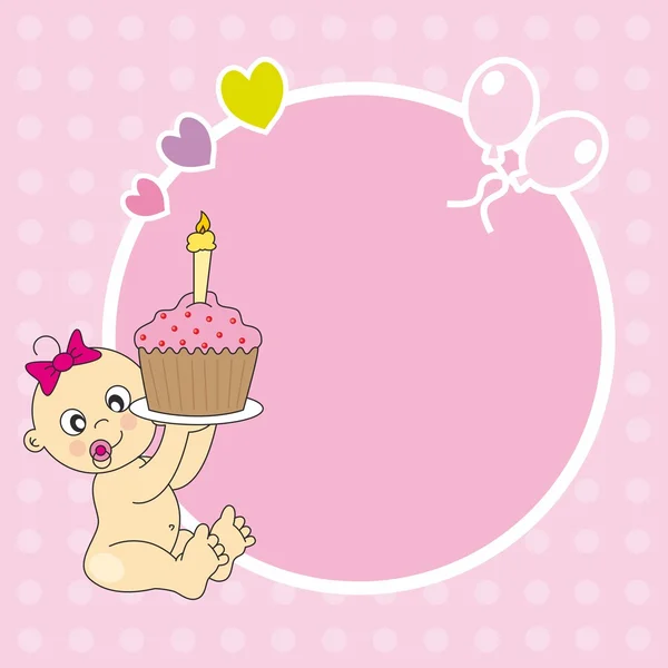 Babymeisje met een cake van de kindverjaardag. frame voor foto of tekst — Stockvector