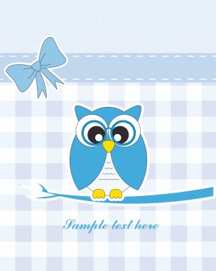 Vector cute owl card. Baby boy arrival announcement card clipart